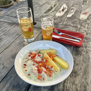 Delicate fish medley in creamy dill mustard sauce.