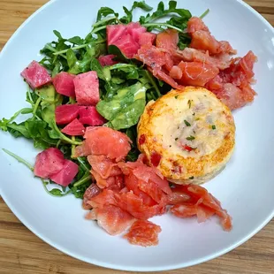 Egg and potato muffin with Swiss Gruyere cheese, US sustainable smoked salmon (Monterey Fish), and salad with beets.