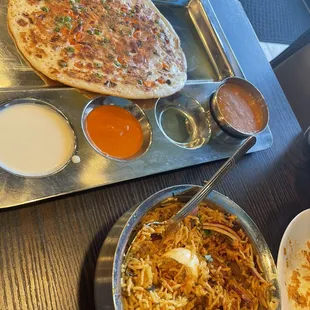 Boneless chicken briyani and uttapam