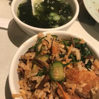 Seasoned Mix Vegetable and Ground Chicken on Rice in Hot Stone Pot w/Soup