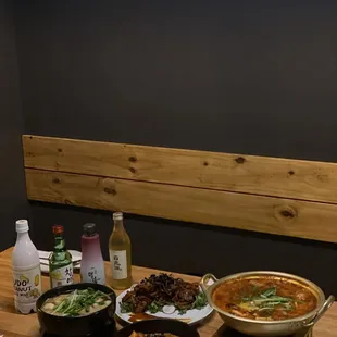 a table with food and drinks on it