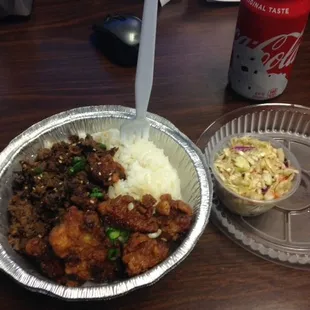 Lunch combo Bulgogi Beef and Korean Fried Chicken with sticky rice and Asian slaw