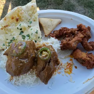 Beef Nihari over Basmati Rice, Garlic Naan, Chicken Pakora, and a Veggie Samosa, all "picnic style" from carry-out.