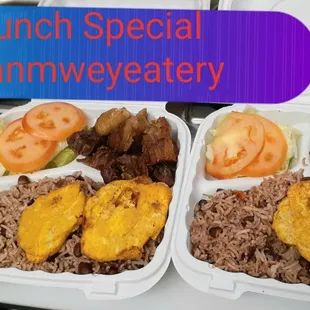 Lunch Special:  Griot (fry pork) Rice and beans, fry plantain.