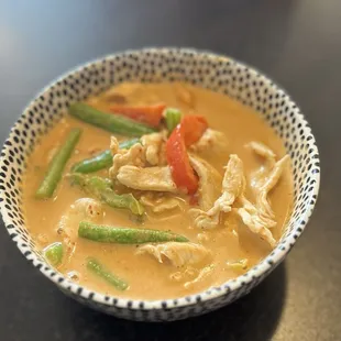 Penang curry with chicken. A delicious, smooth medley of coconut, Penang curry, vegetables, and chicken.