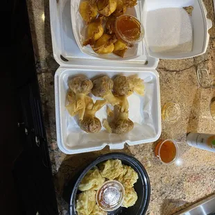 5.Crab Rangoon (6PCS), 3.Money Bag (6PCS), 6.Dumplings (6PCS)