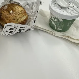 Chicken and dumpling soup with a bagel