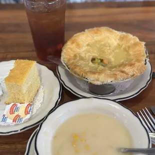 Chicken Pot Pie, corn chowder, cornbread