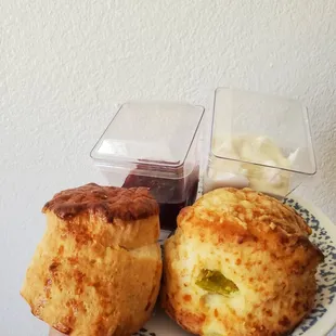 her plain and a pepper cheese (?) scone with the delicious spread in the back