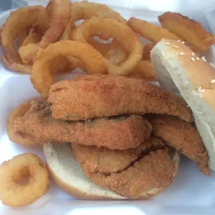Whiting Sandwich with medium order of onion rings. $6.