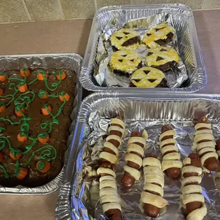 Halloween brownies, burgers and mummy dogs