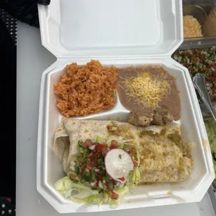 a meal in a styrofoam container