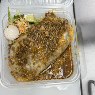 Chili verde burrito wet with cheese