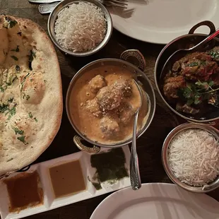 Garlic Naan, Vegetable Kofta, Annapurna Curry [left to right]