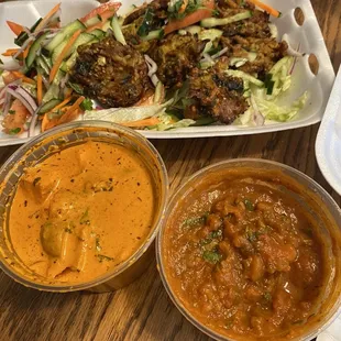 Paneer Tikka Masala on the left  Pav Bhaji on the right Pakora in the back
