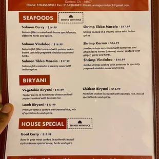 Seafoods menu