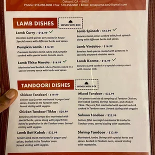Lamb and tandoori menu