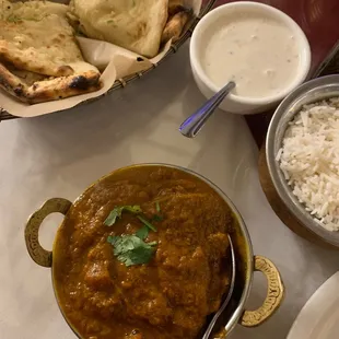 Lamb Vindaloo, Garlic Naan, Basmati Rice, and Raita