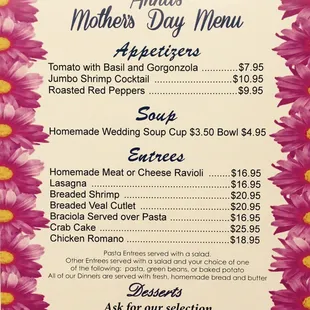 2015 Mother&apos;s Day menu.
