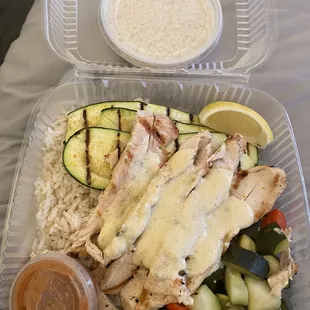 Charbroiled Chicken with Creamy Garlic Butter, Seasalt Rice and Grilled Zucchini. A ton of food and so delicious!