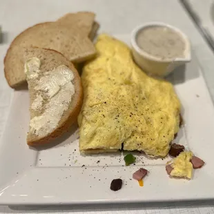 Western omelet (gravy on side) &amp; homemade, split English muffins!