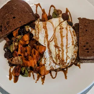 Brussell sprouts and sweet potato hash with eggs!