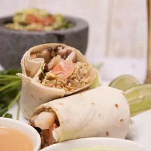 a burrito and a bowl of soup