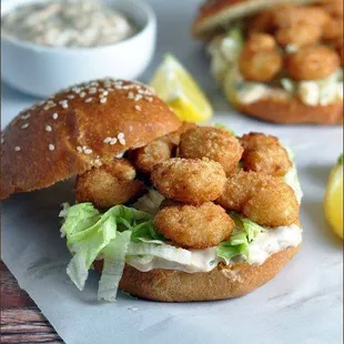 a close up of a fish sandwich