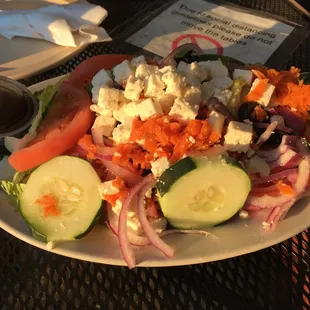 greek salad in golden hour lighting