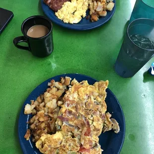 a plate of eggs, hash browns and a cup of coffee