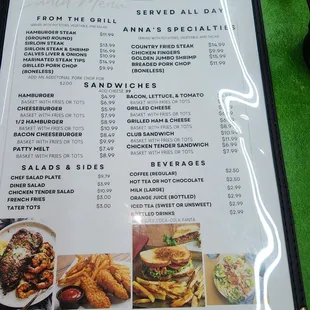 the menu for the restaurant