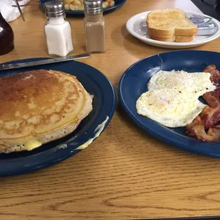 Pancake combo. 2 hot cakes, eggs choice of bacon or sausage. $5.99