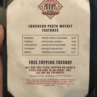 a menu for lunch