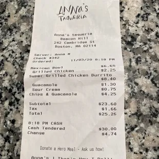 Receipt.  I received $3.74 instead of $4.74