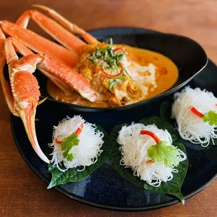 New item! Crab meat Curry with Wild Betel Leaves served with vermicelli noodle and snow crab legs. Available today!