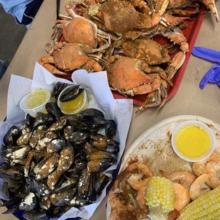 Bucket of muscles with garlic and old bay, dozen of large make crab.