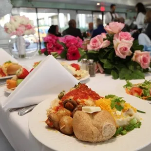 Our Meal: Vegetable Lasagna, Mashed Potatos, House Salad, Rolls and Mushrooms