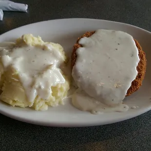 Instant mashed potatoes and probably frozen veal patty. They were prepared really well but I was hoping for homemade food.