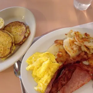 2pc lumberjack special ham sausage bacon potatoes 2eggs and 2 home style cinnamon French toast