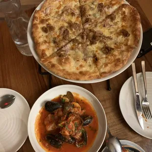 Bianco pizza and seafood stew
