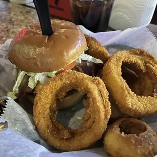 Burger and Onion Rings