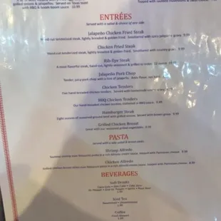 the menu of the restaurant