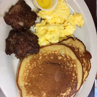 Pancake, egg, and sausage combo