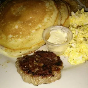 Pancake breakfast minus one sausage.