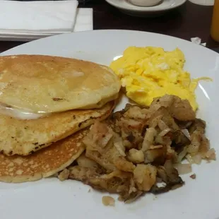 Pancake starter combo with scrambled eggs and meat substituted for home fries potatoes. Made from scratch so good!!!