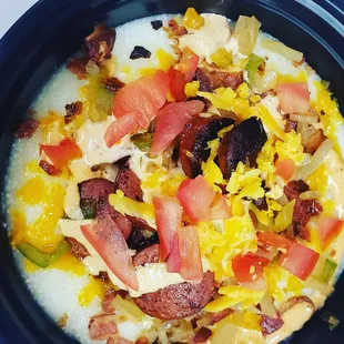 Grit Breakfast Bowl with Hot Link, Bacon, Eggs &amp;Cheese