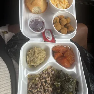 4 Veggie plates, a side of fried okra and a side of macaroni and cheese add on