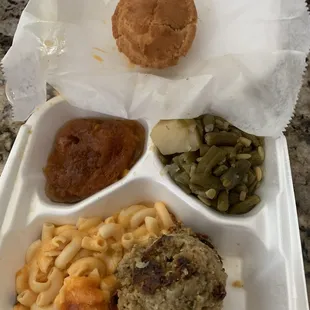 Veggie plate(yams, cornbread dressing, Mac &amp;cheese, and green bean n potatoes )