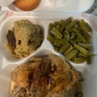 Baked chicken breast, cornbread dressing, green beans &quot;and potatoes&quot; (do you see any? I don&apos;t!)