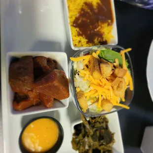 Veggie Plate:  Side Salad with Italian Dressing, Collard Greens, Rice and Gravy, and Yams